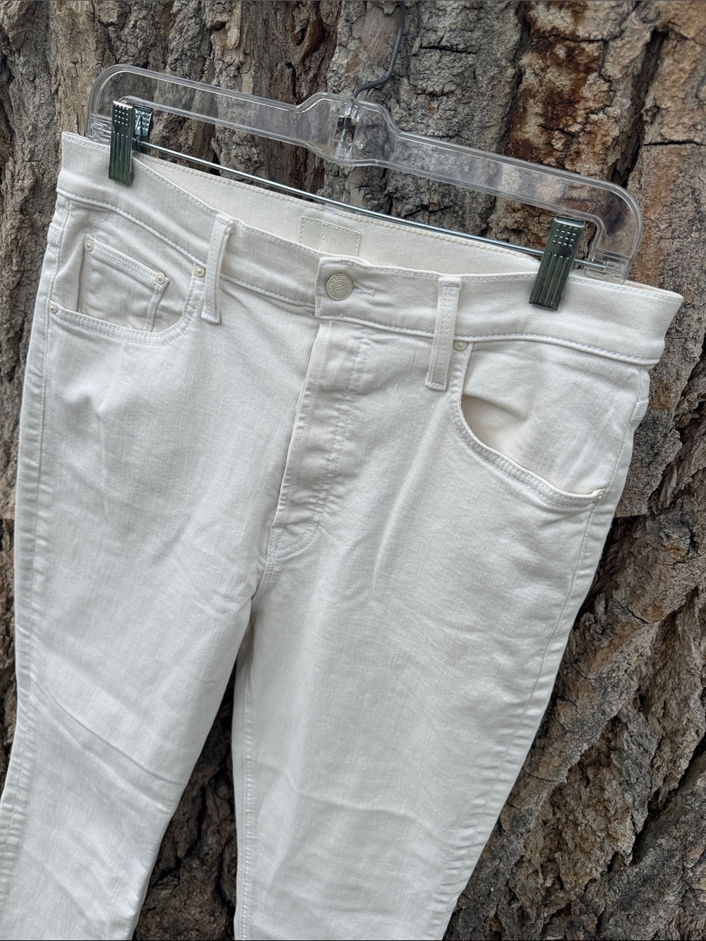 Mother button fly raw hem jeans the tripper ankle fray